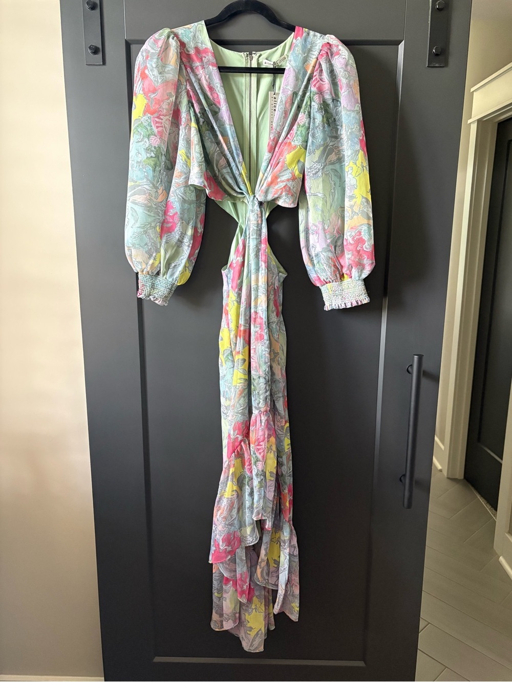 Alice + Olivia Katie Twist Front Maxi Dress | Mint Green and Pastel Floral Dress